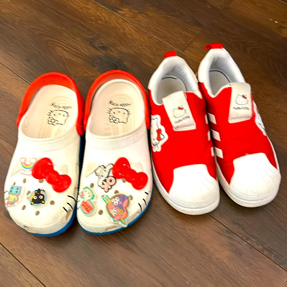 Kids girls Hello Kitty Adidas pull ons and Crocs